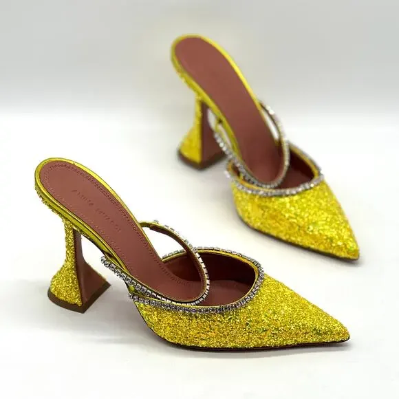 AMINA MUADDI Glitter Gilda Heeled Mule Women 8 Yellow Rhinstone Strap Pointy Toe - Picture 1 of 16